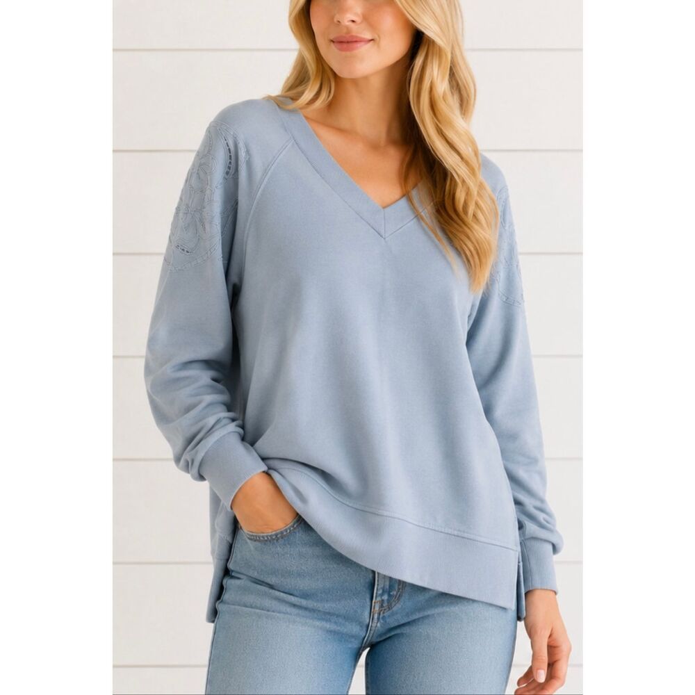 Jane & Delancey blue lasercut sleeve vneck pullover Large